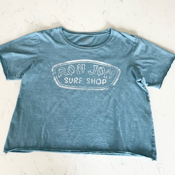 Ron Jon Mineral Washed Distressed Badge Tee Boxy Crop - Picture 1 of 9